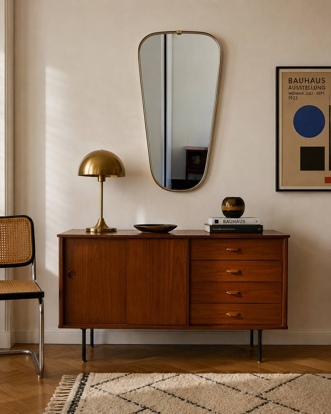 Miroir vintage 1960 rétroviseur asymétrique doré noir - 73 x 39 cm