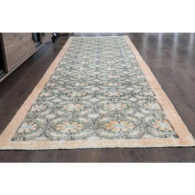 1970s Vintage Turkish Oushak Handmade Wool Cotton Gray Area Rug 95x329