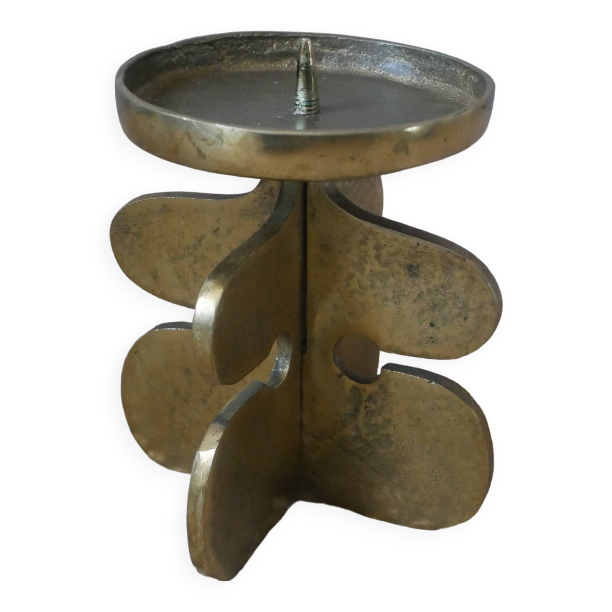 Brutalist brass candle holder, golden metal chandelier, vintage Scandinavian design.
