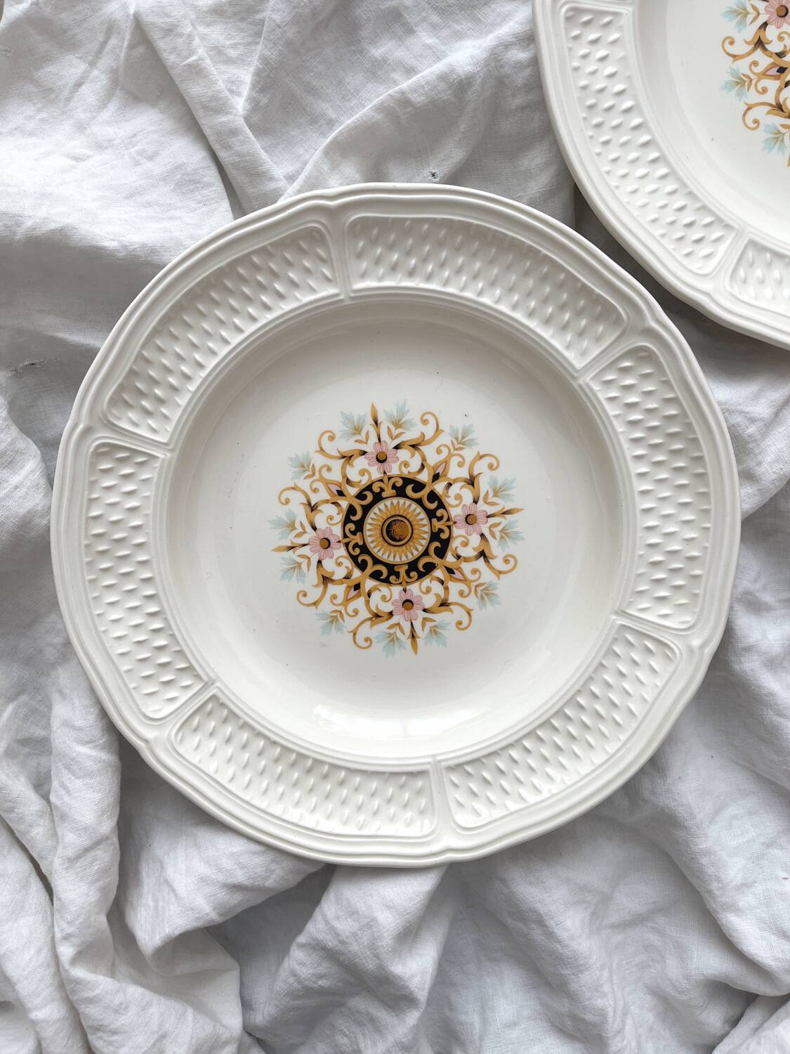 2 ivory “Pont aux Choux” soup plates, Gien earthenware