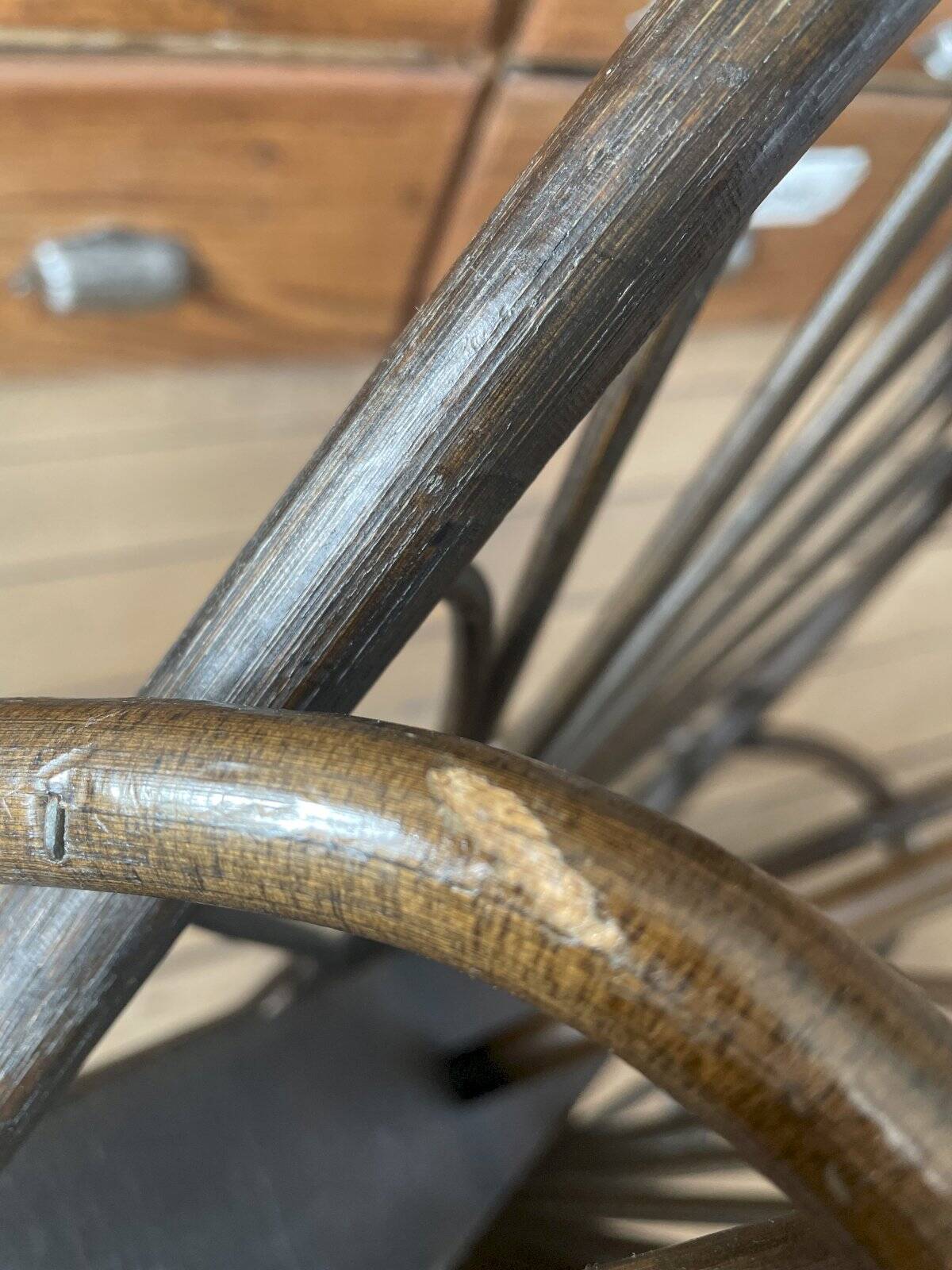 Vintage turned wood and rattan magazine rack