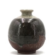 Wabi-sabi round vase in stoneware with green glazing, 1970s ceramics.
