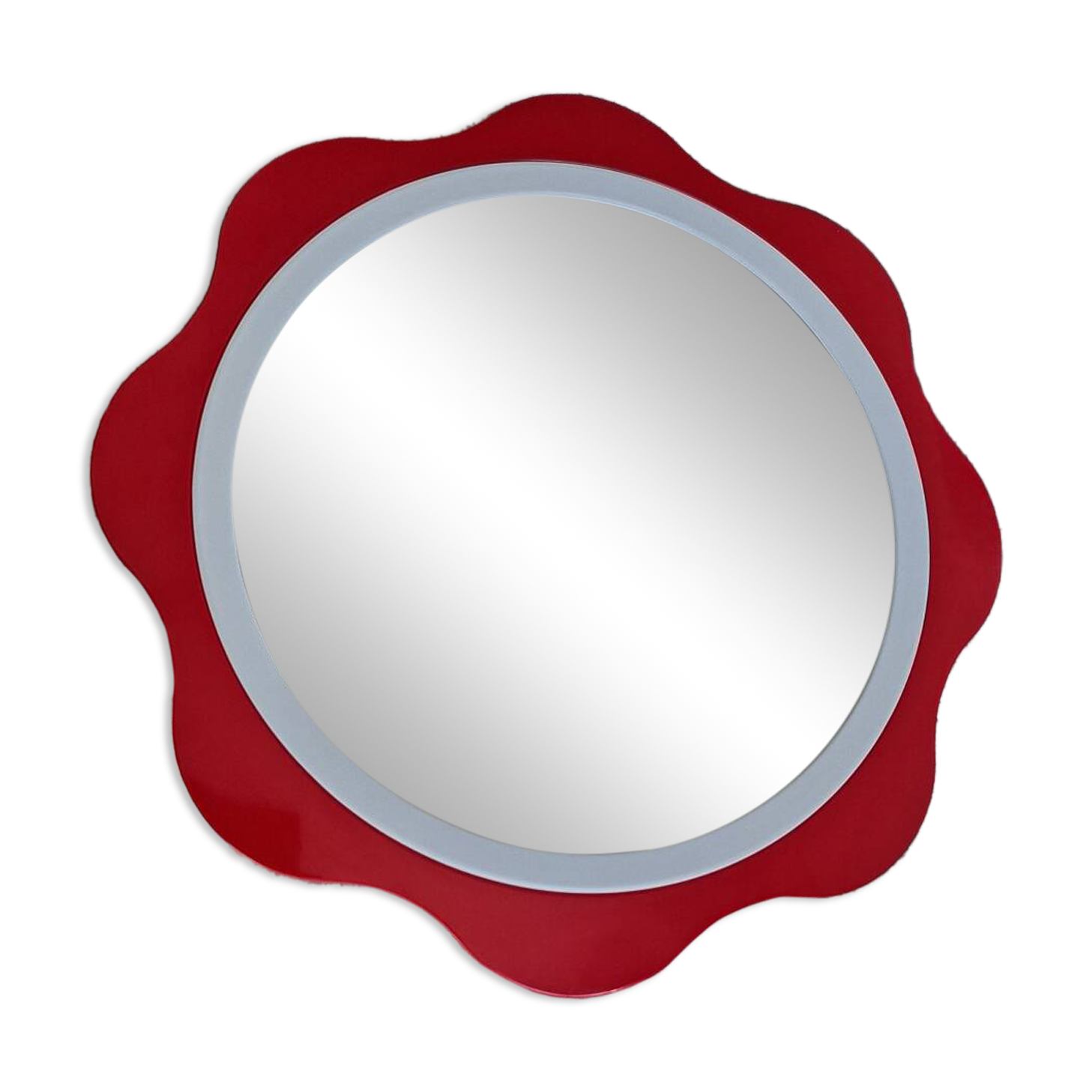 Round wall mirror 53 cm red/white vintage 1960s/70s