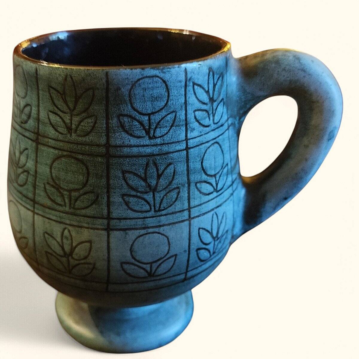 Large Patterned Cup on Matte Blue Glaze, by Jean De Lespinasse, 1950s / 1970s