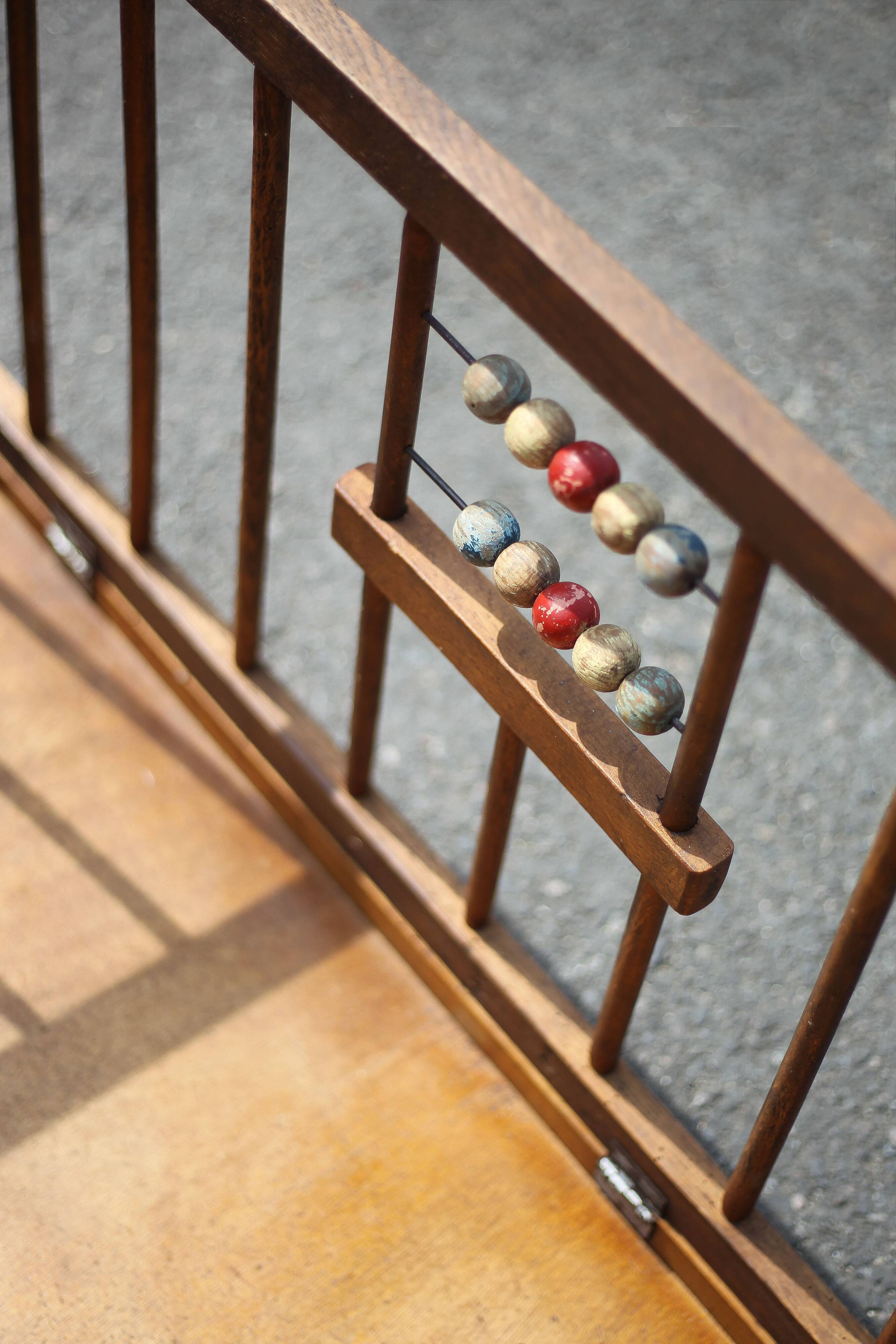 Folding wooden baby park on wheels, vintage park