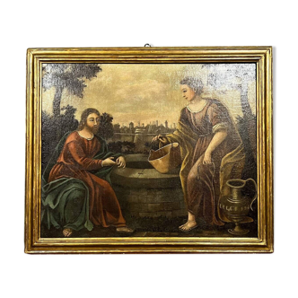 Tableau Italien du XVIIème siècle : la rencontre de la Samaritaine et de Jésus Christ