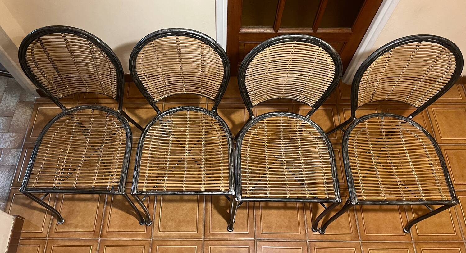Set of 4 Wrought Iron and Rattan Chairs