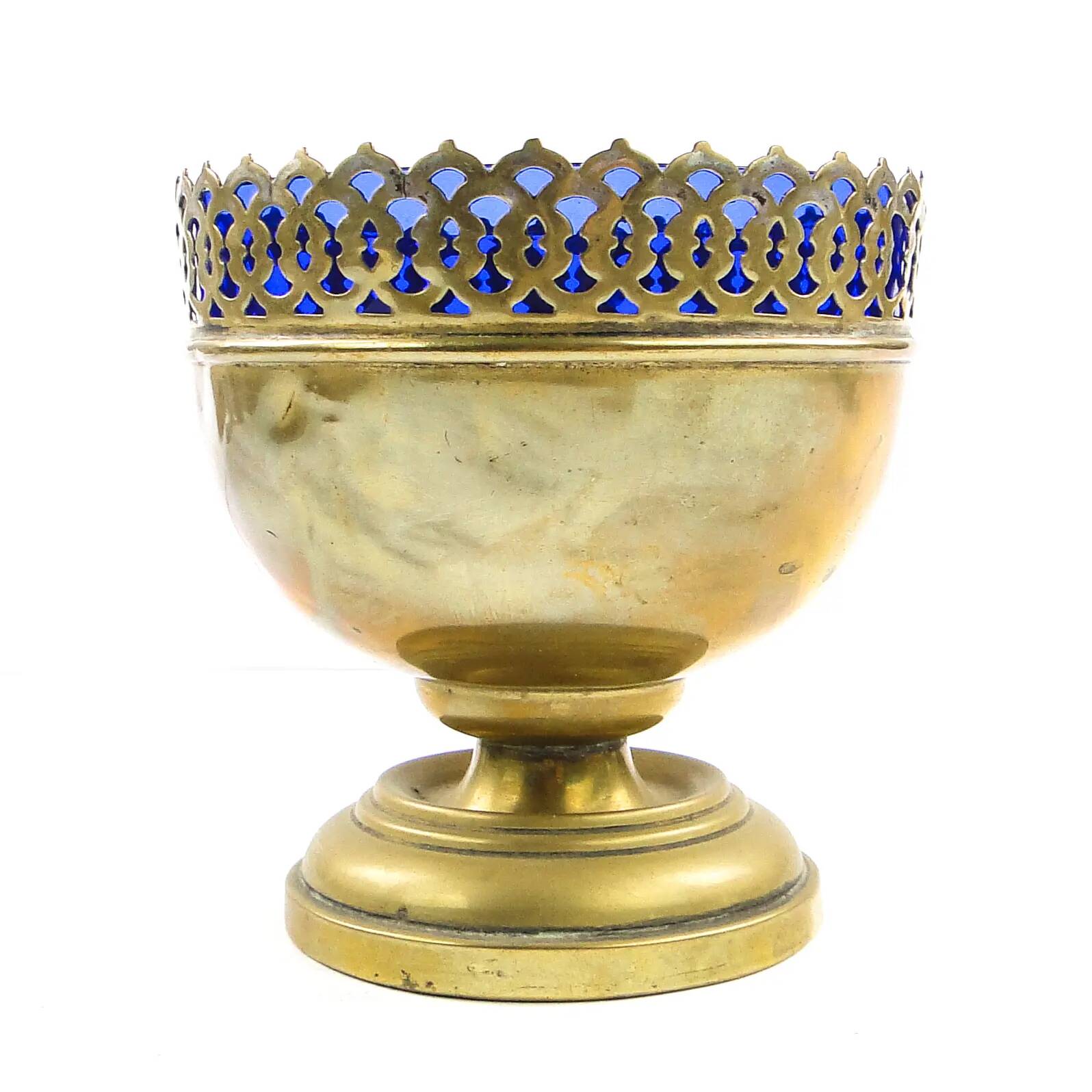 Art Nouveau sugar bowl, brass, cobalt glass, Sweden, early 20th century