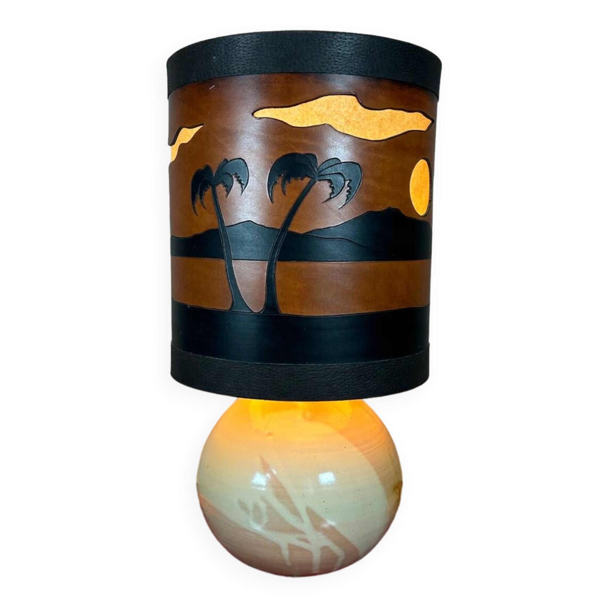 Original vintage ceramic and leather lamp