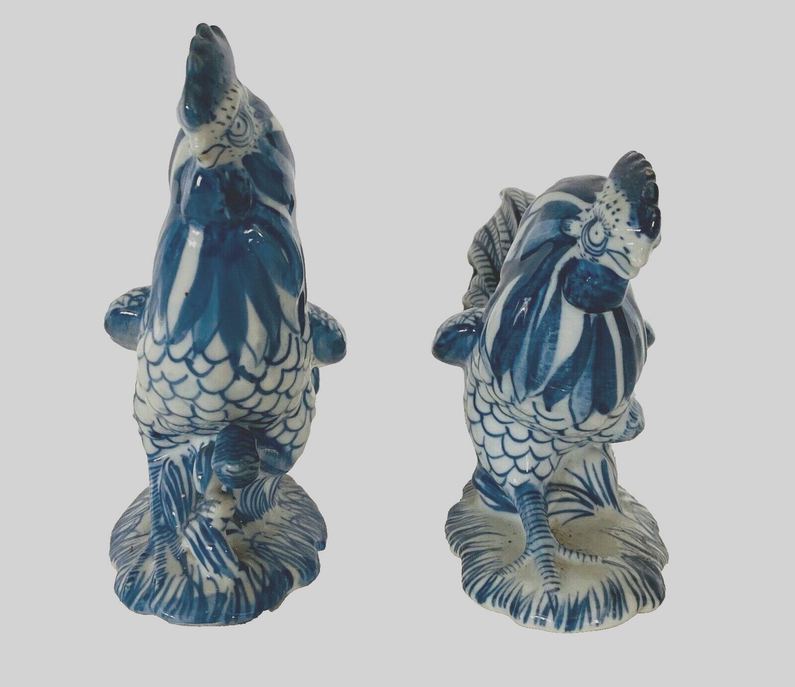 Pair of ceramic roosters in blue camaieu 20th century