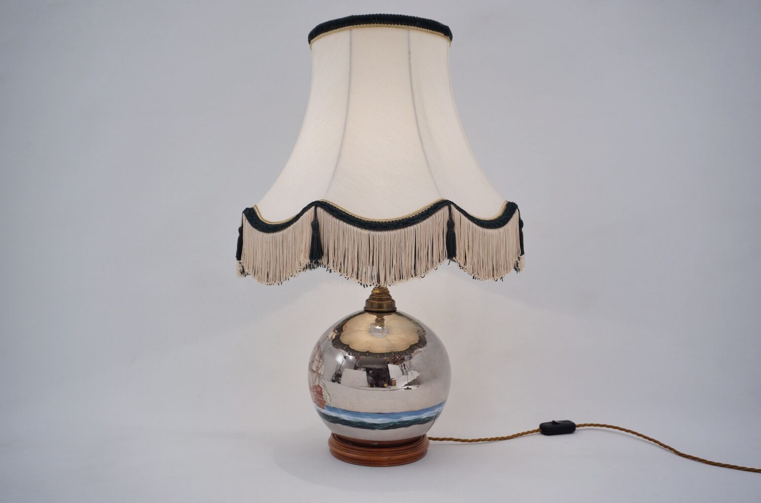 Lampe de table antique en verre mercure, galion et navire, soufflé à la main, années 1920, anglais, recâblé