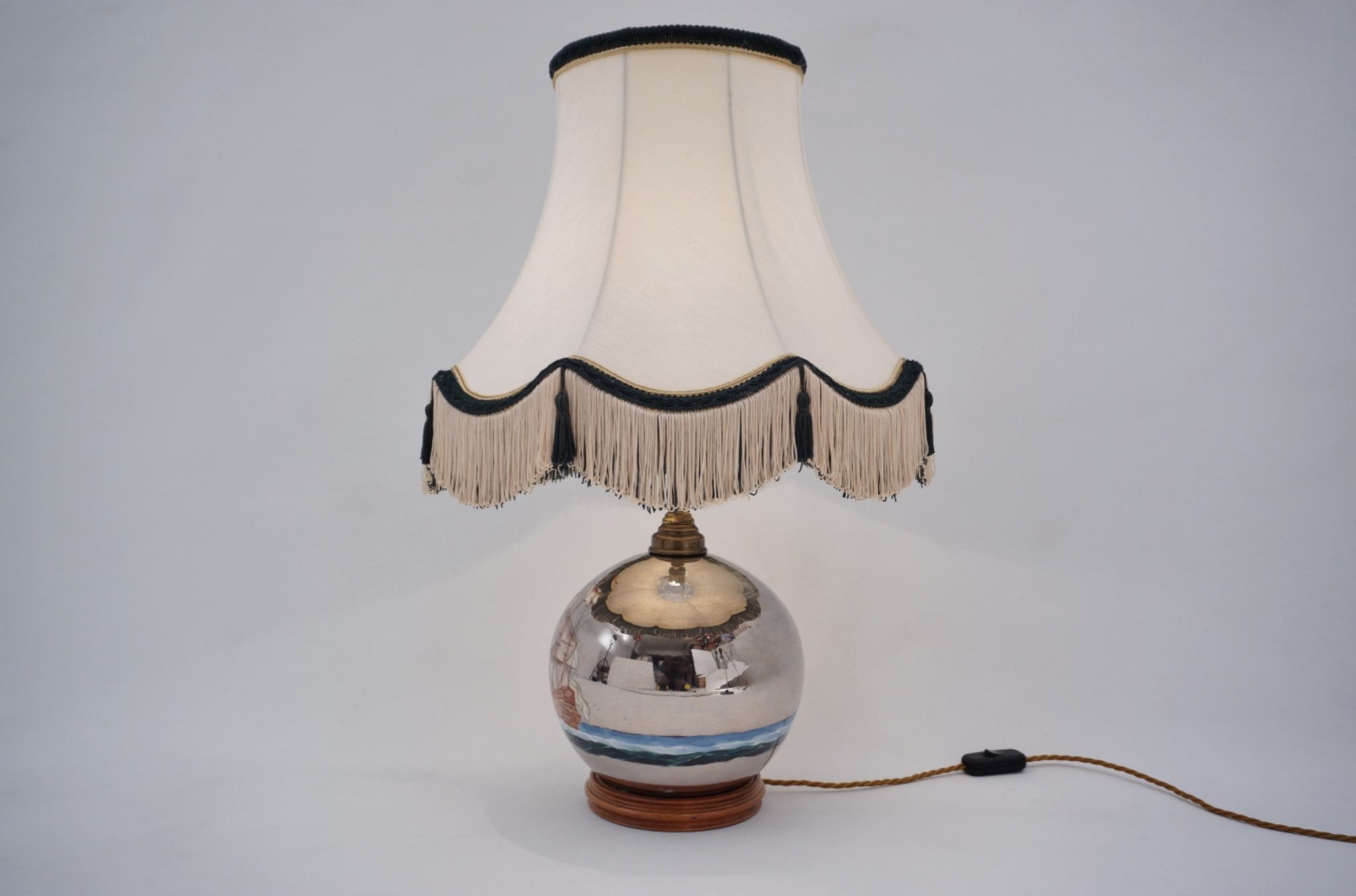 Lampe de table antique en verre mercure, galion et navire, soufflé à la main, années 1920, anglais, recâblé