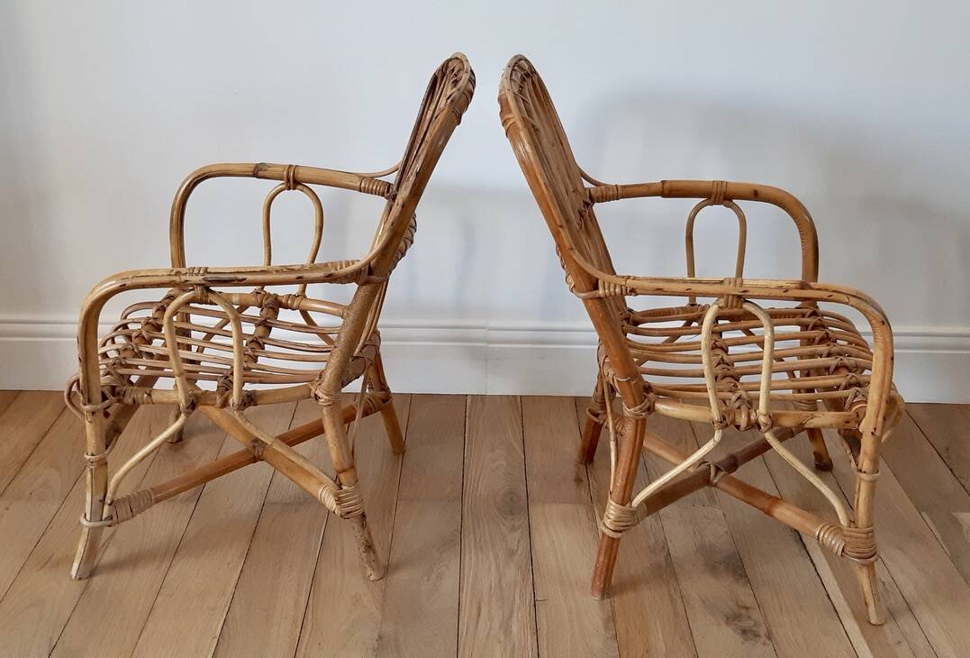 Pair of children's armchairs in rattan / bamboo honey color 60s