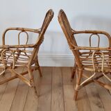 Pair of children's armchairs in rattan / bamboo honey color 60s