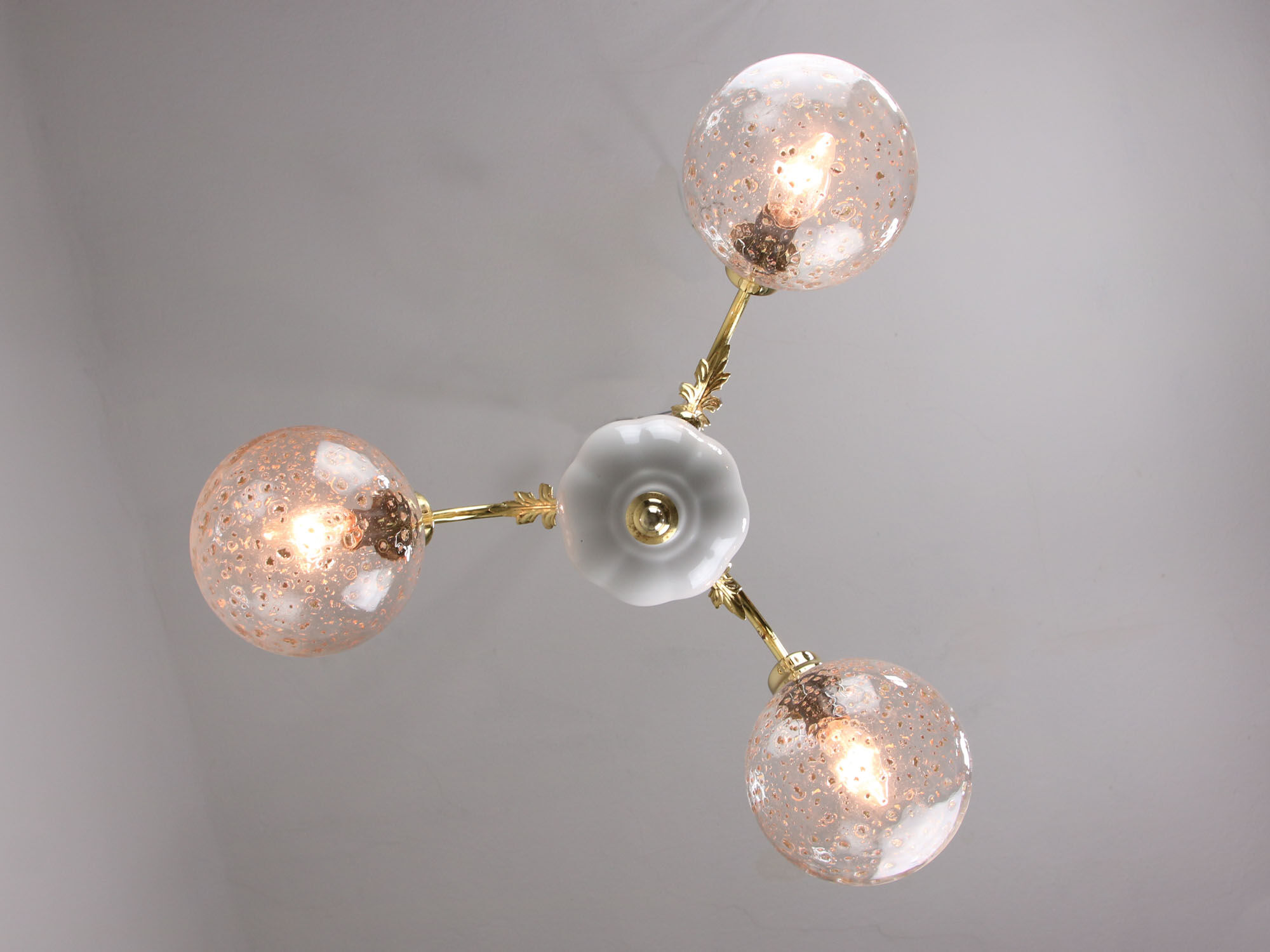 Vintage Italian Golden Ceramic & Glass Chandelier