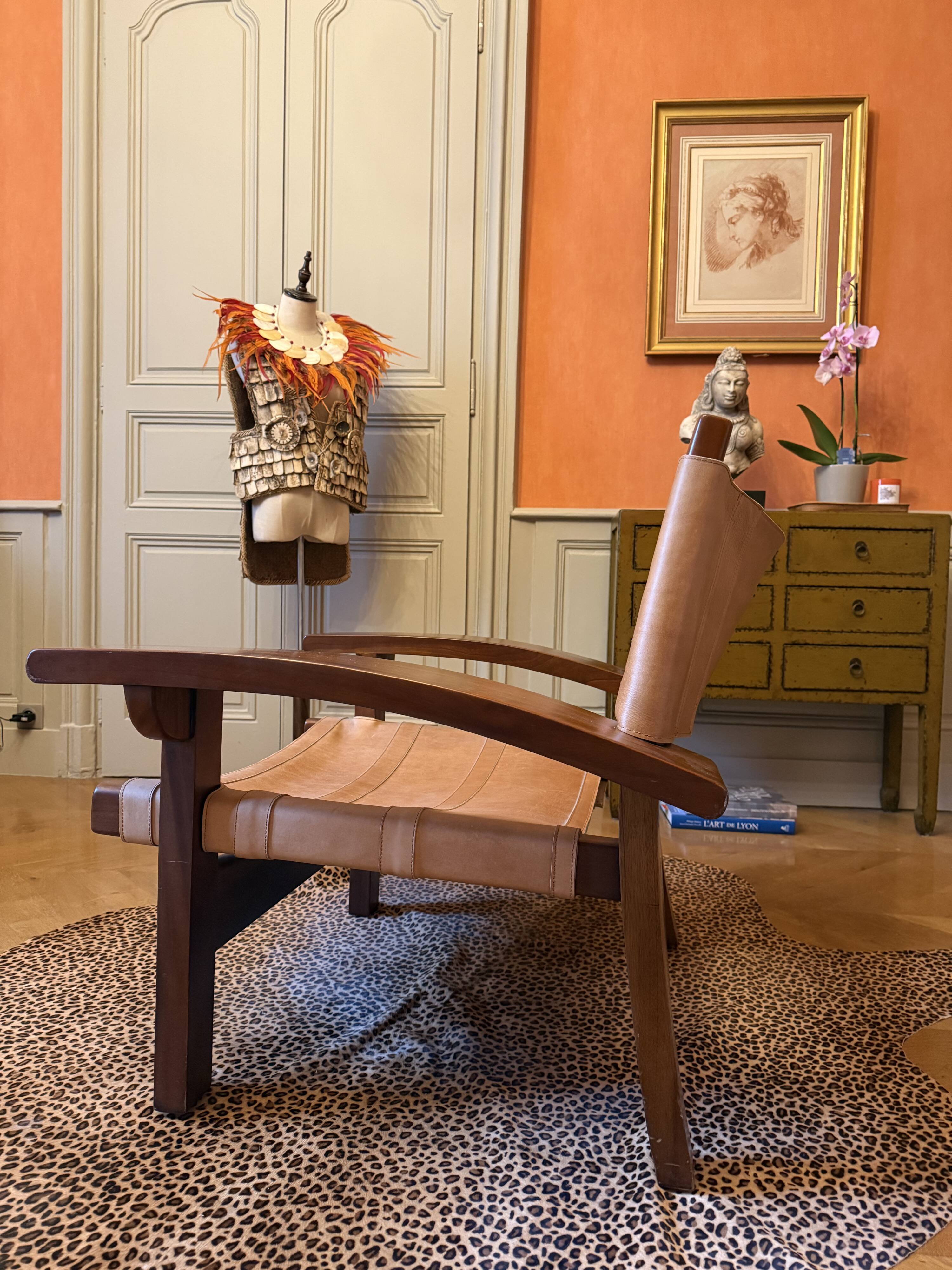 Wood and leather armchair