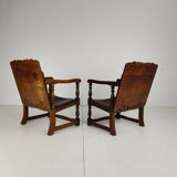 Pair of English antique Jacobean monk armchairs / tables by F. Parker & Sons Ltd