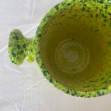 Handmade green speckled yellow ceramic vase with abstract handles