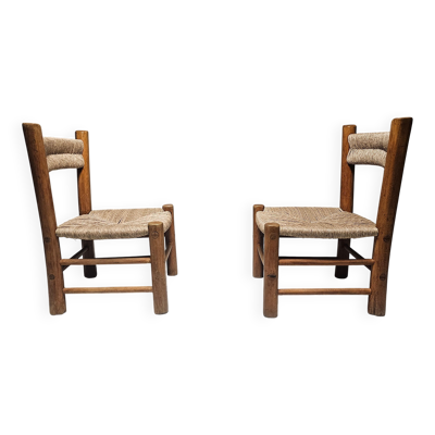 Paire de chaises basses en bois d'orme et paille, années 1960