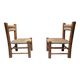 Pair of rustic French low chairs made of elm wood and straw, 1960s.