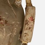 Louis XVI style bench in white and gold lacquered wood, upholstered with tapestry