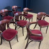 Lot de 8 fauteuils bistrot vauzelle a palmettes bois foncé et velours rouge