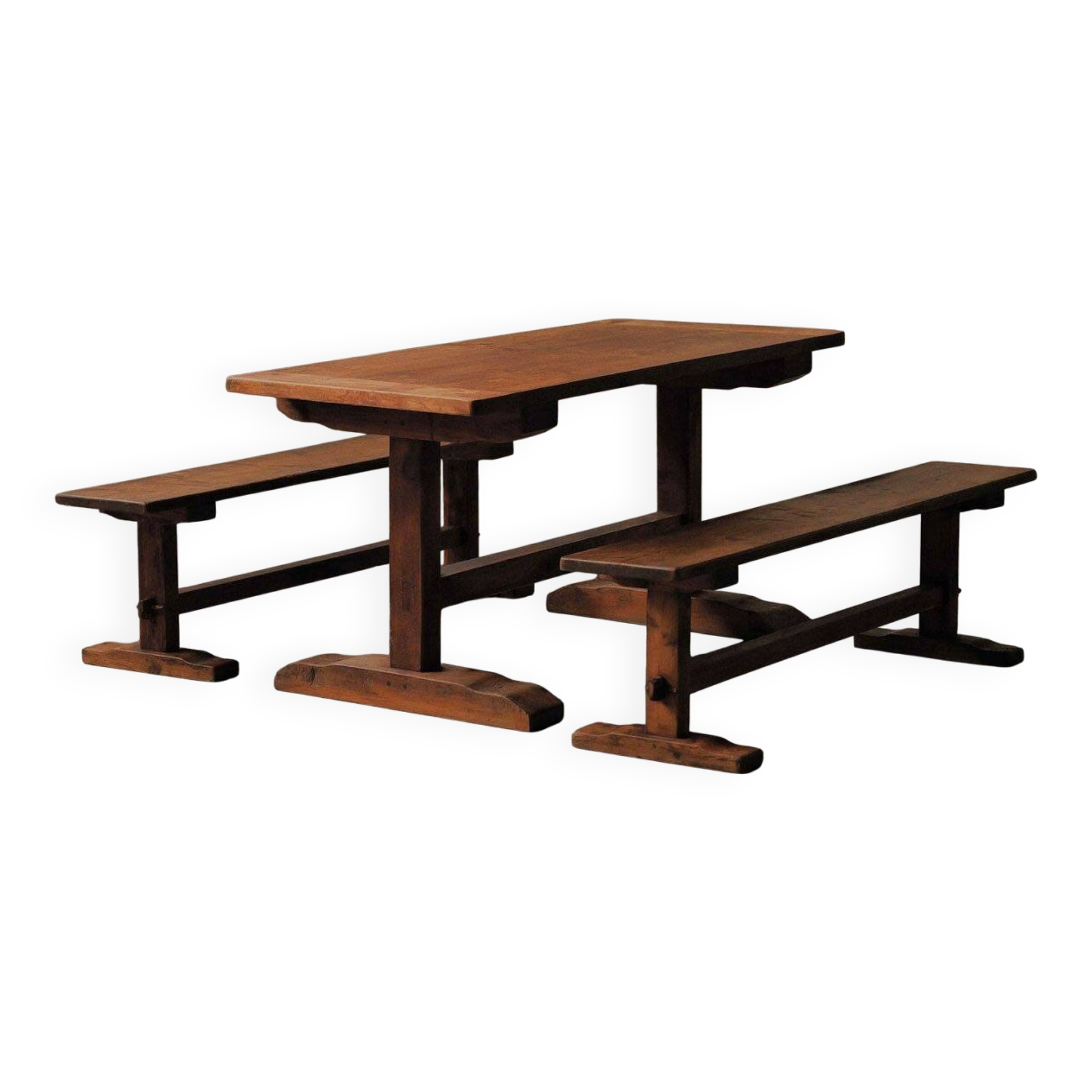 Table and pair of benches in solid pine – France, circa 1970