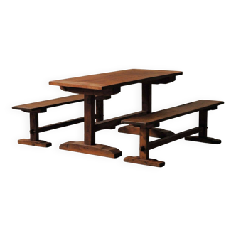 Table and pair of benches in solid pine – France, circa 1970