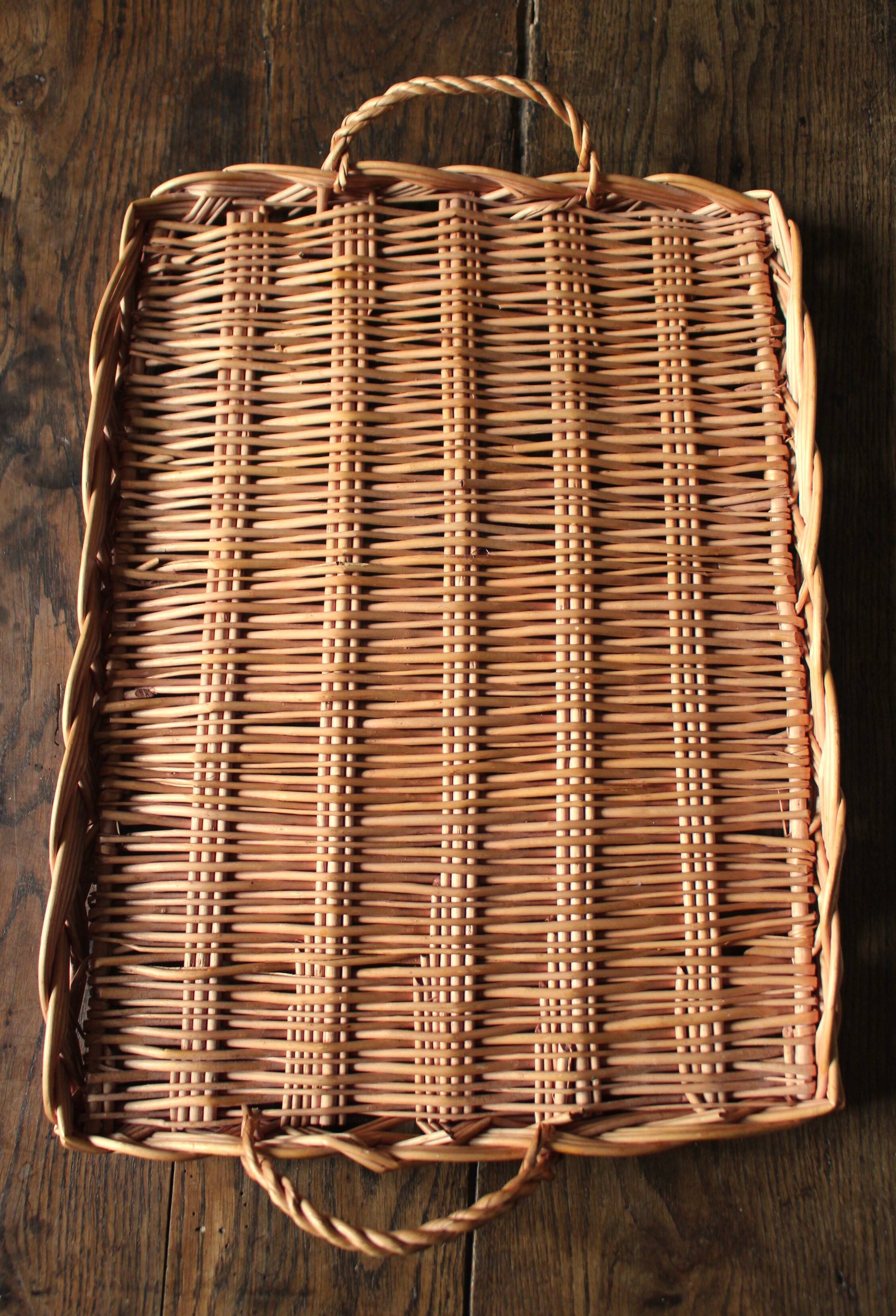 Large rectangular dark wicker tray with two vintage handles