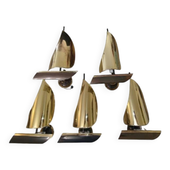 Set of 5 wall sconces sailboats in gilded brass – Italian Space Age