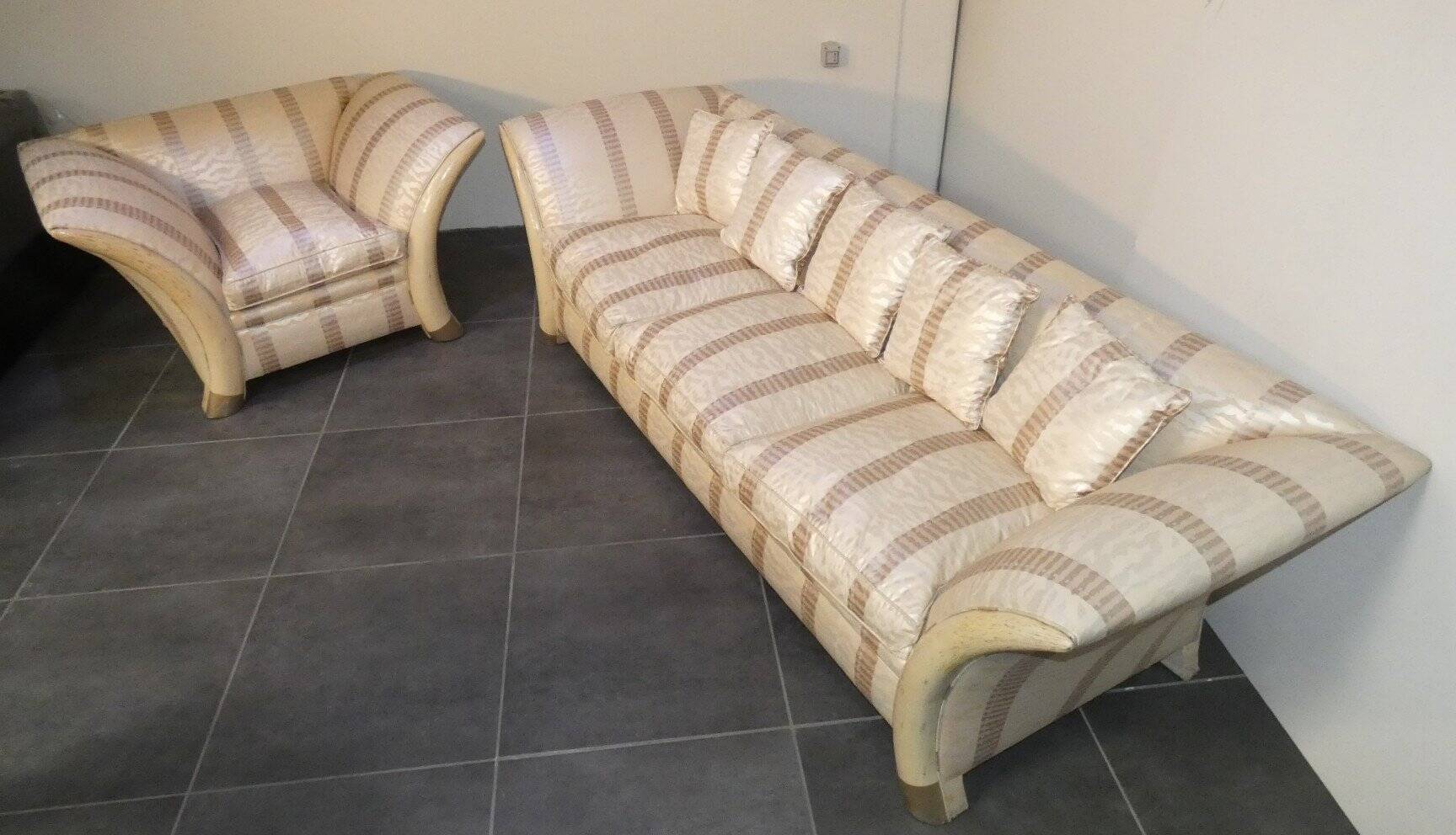 Sofa and armchair in colonial style with saber legs in resin, Italy, 1970s.