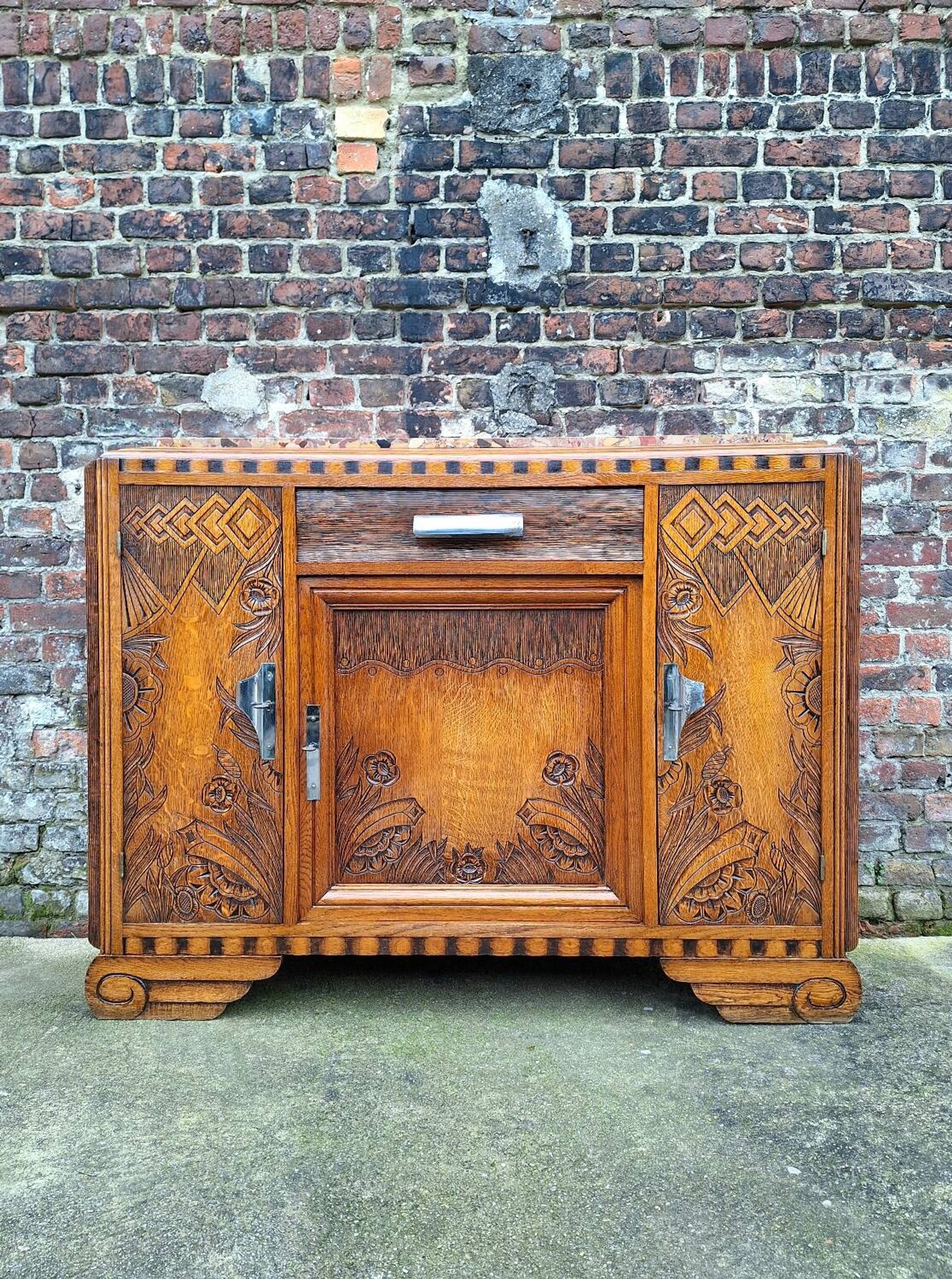 Art deco sideboard marble top, old buffet furniture, vintage dresser