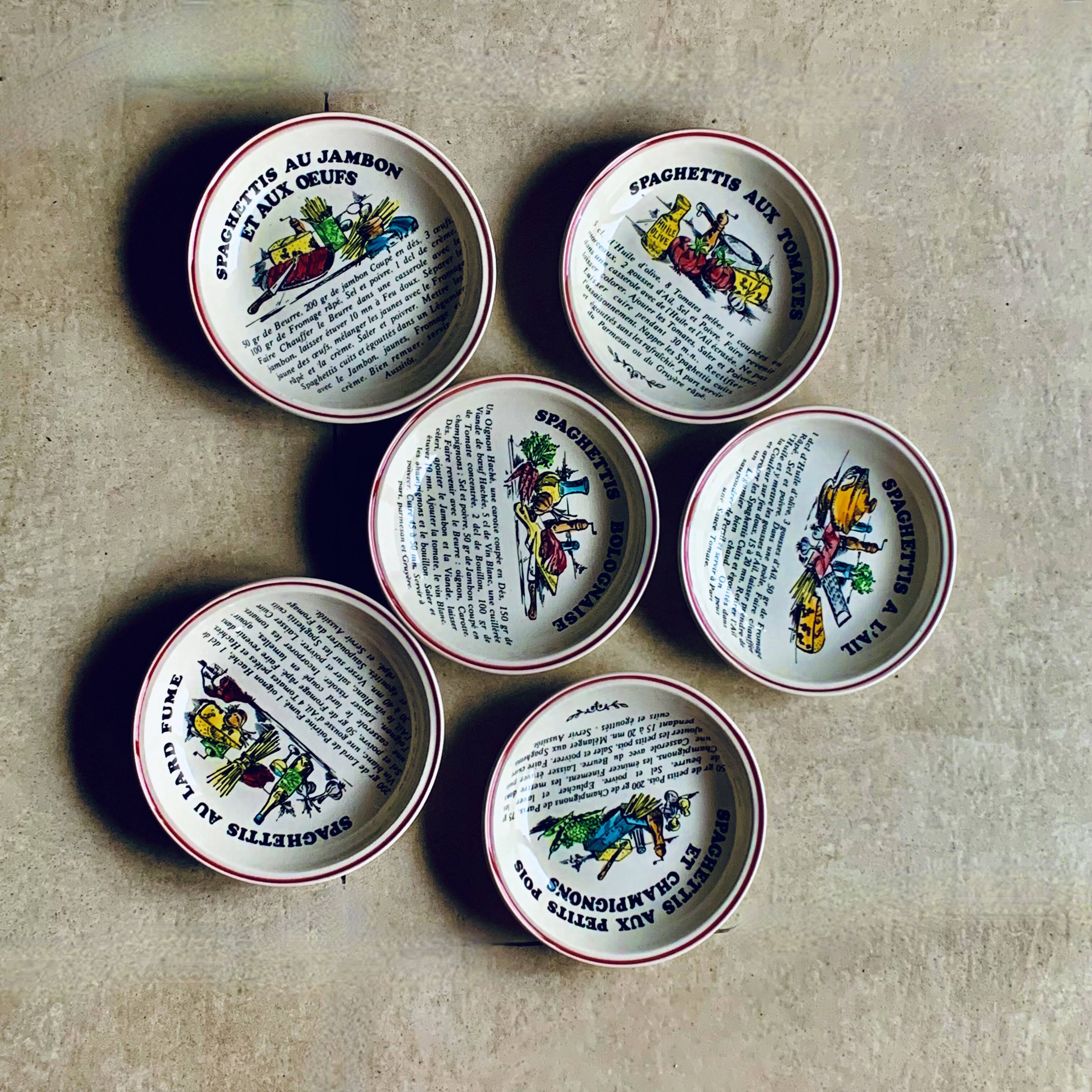 SIX vintage Gien spaghetti plates - Cordon Rouge Series