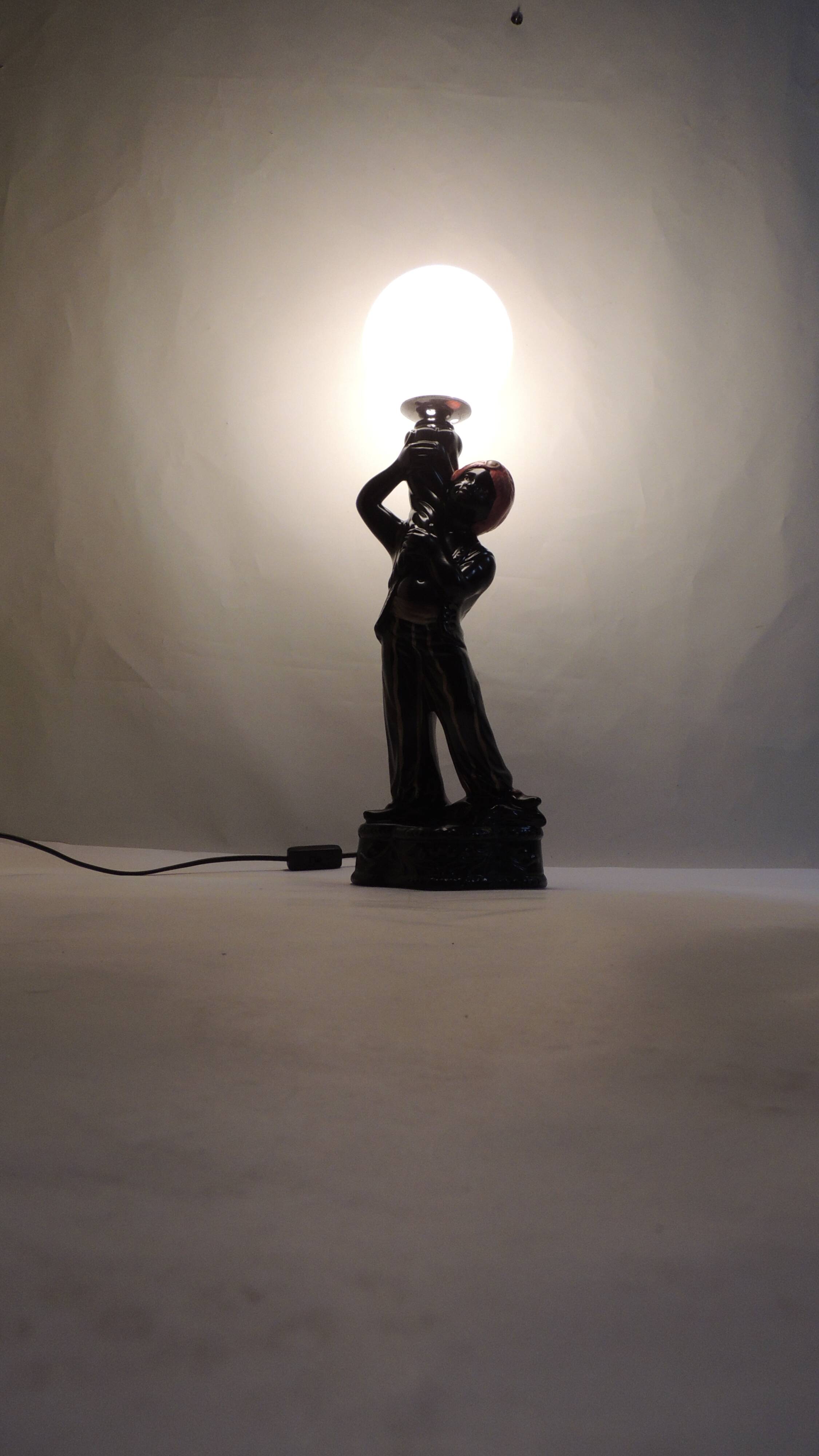 Vintage 1970s statue lamp – Black figurine in Art Deco style, opal ball.