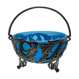 Christofle Art Nouveau basket in silver metal and its blue opaline bowl