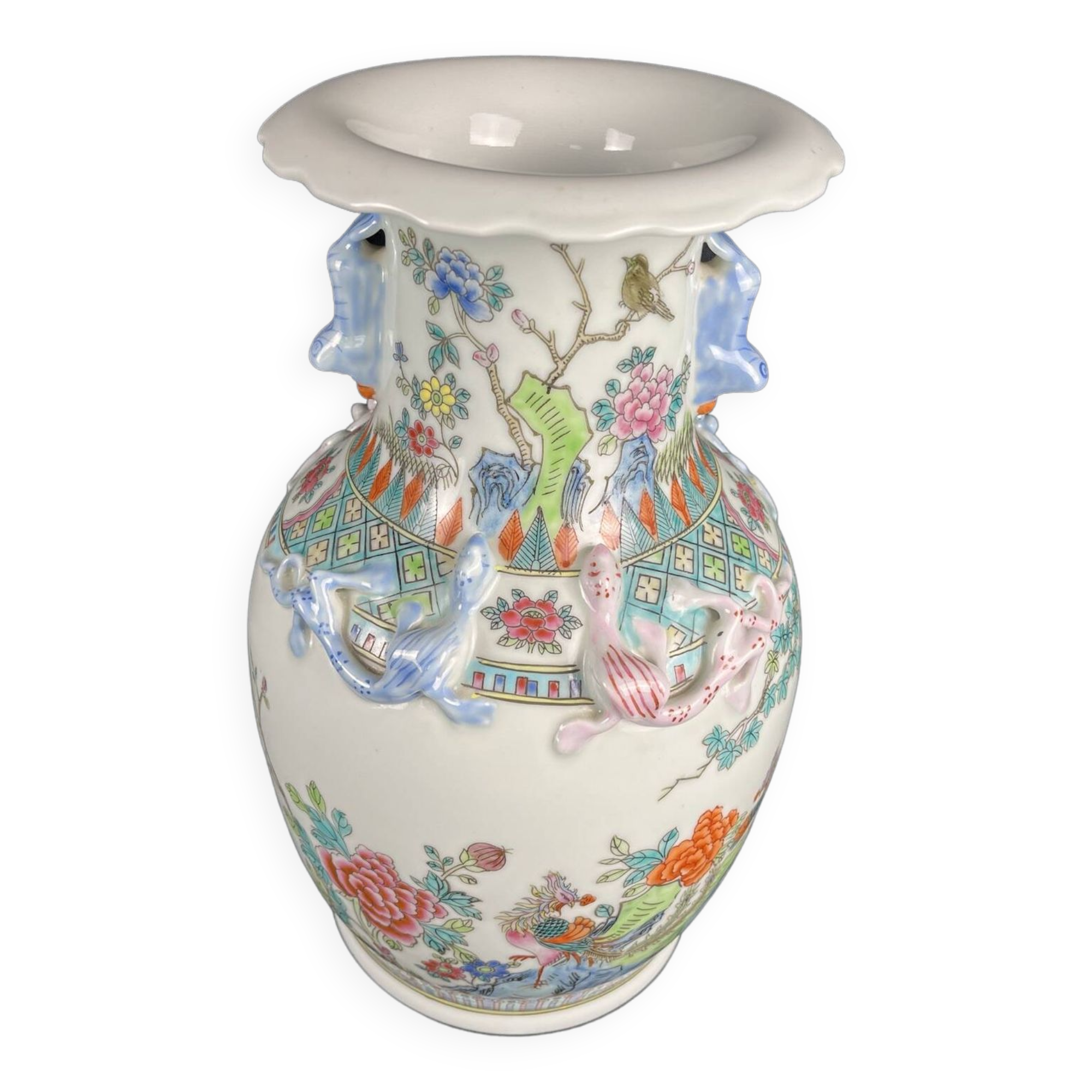 China, polychrome porcelain vase with relief decoration, 20th century