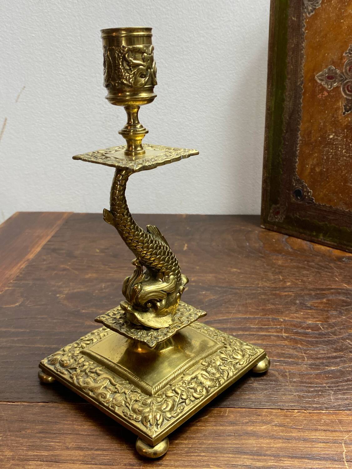 Bronze fish candlestick, late 19th century