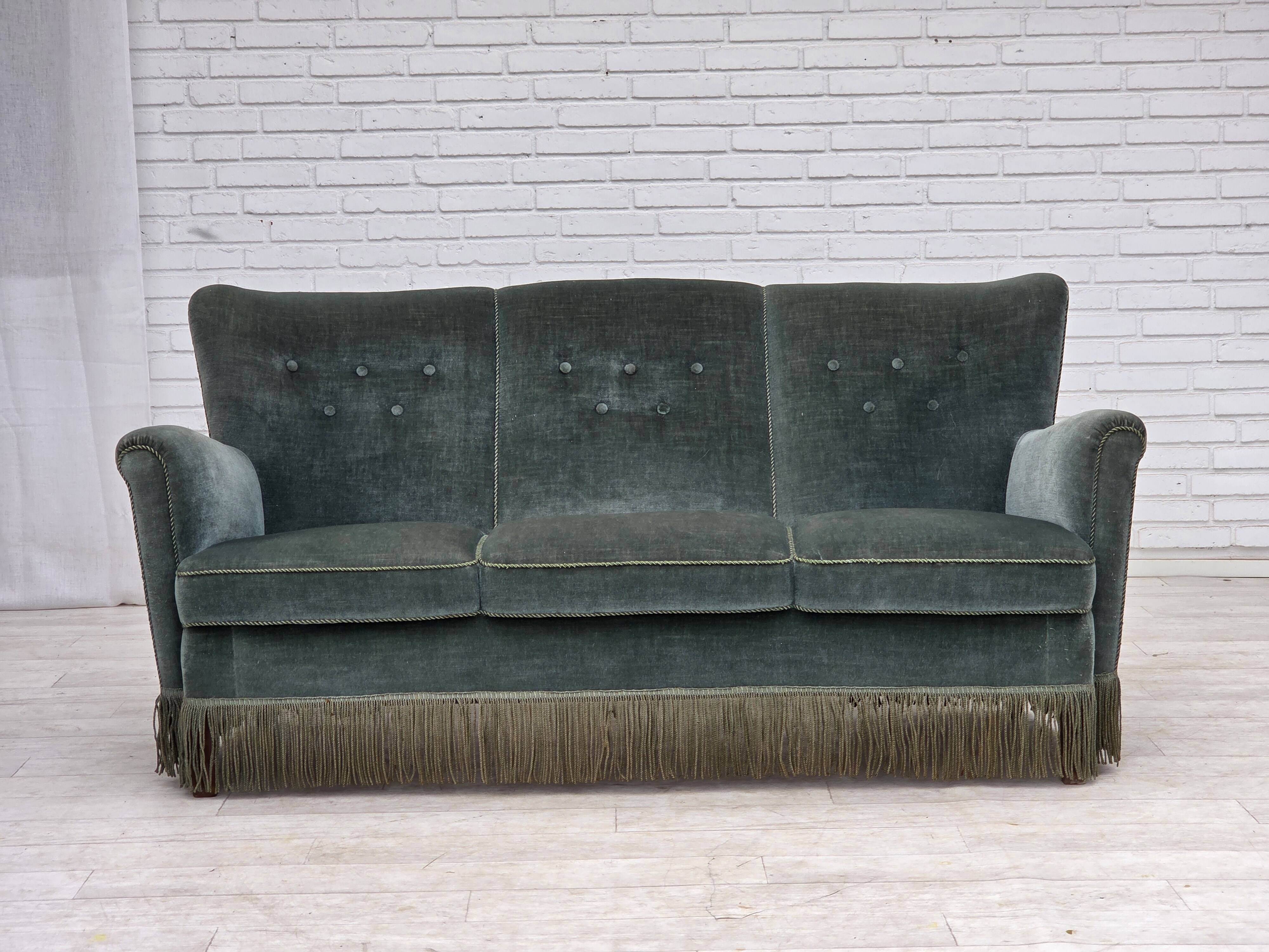 1960s, 3-seater Danish sofa, green furniture velour.
