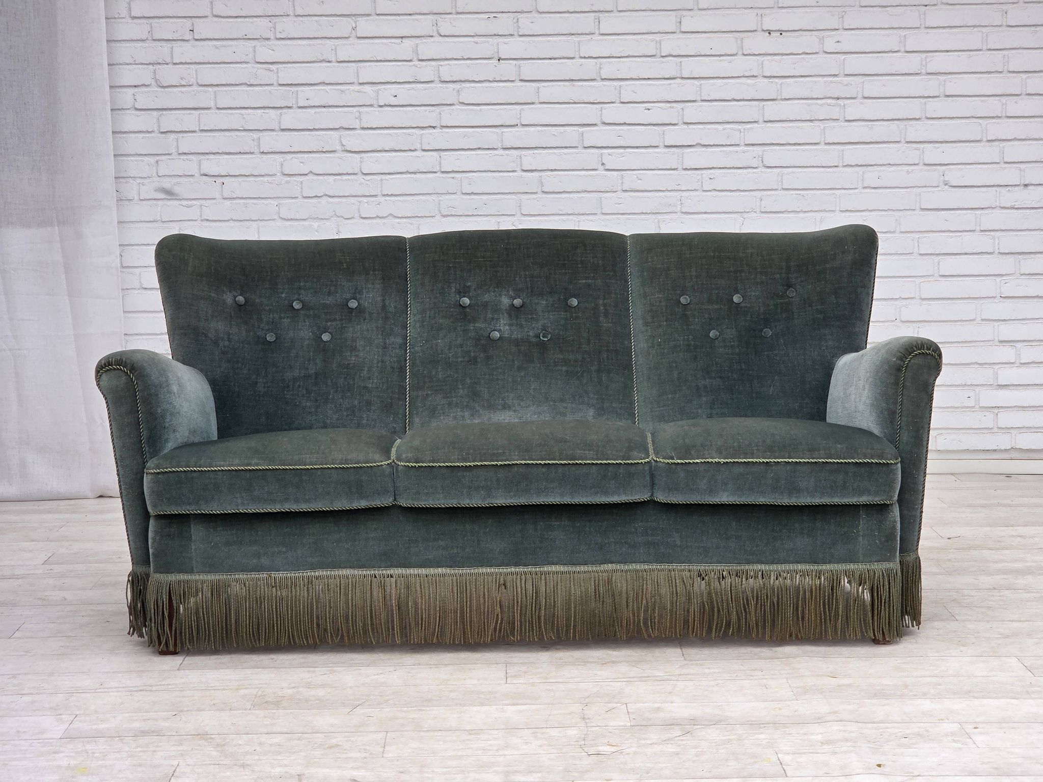 1960s, 3-seater Danish sofa, green furniture velour.