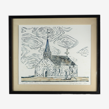 Chapelle Sainte-Anne de Guéméné - linogravure aquarellée encadrée - XXème