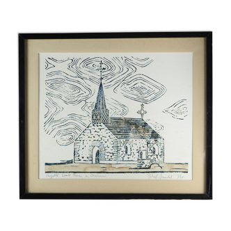 Chapelle Sainte-Anne de Guéméné - linogravure aquarellée encadrée - XXème