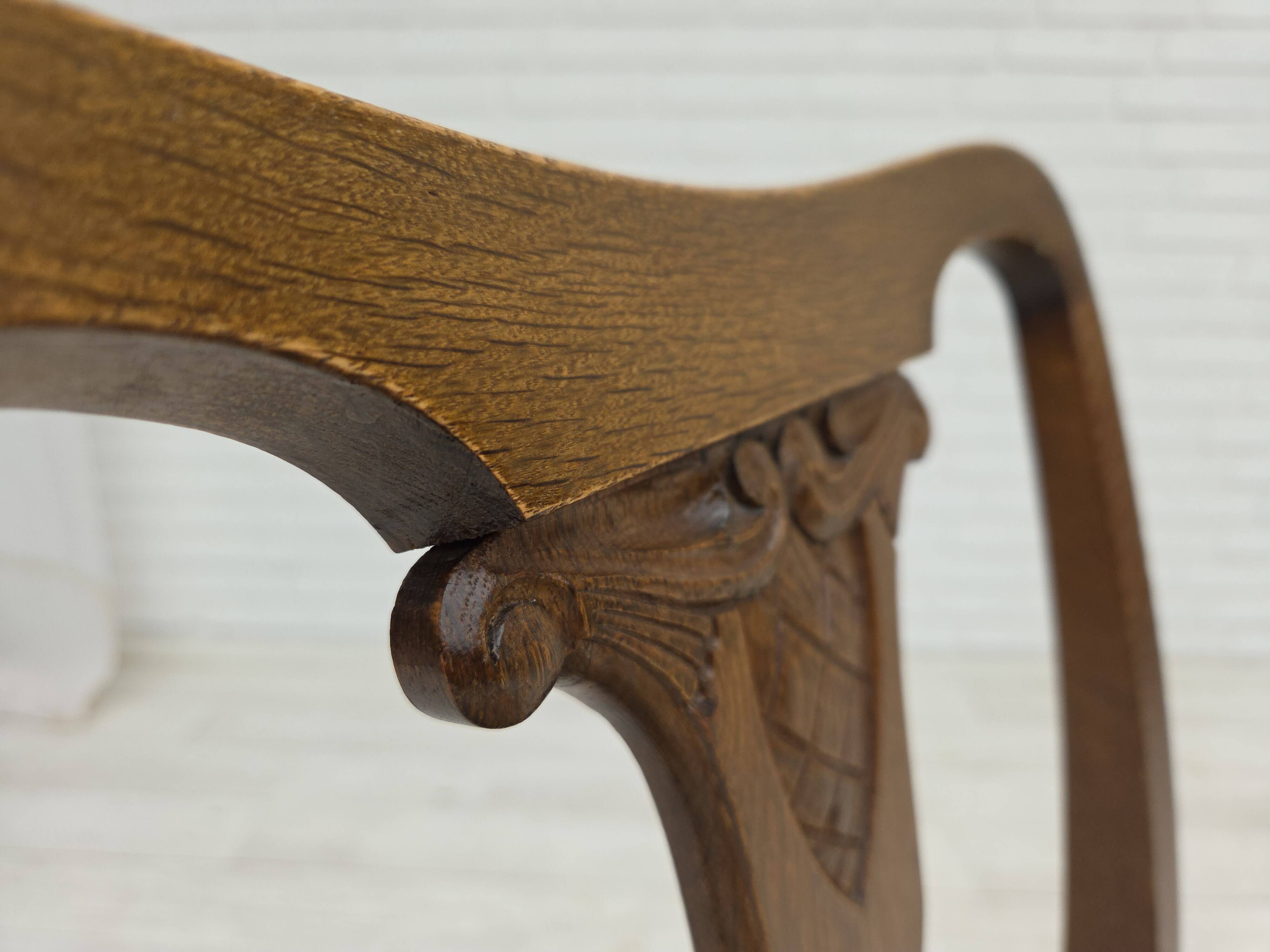 1930s, set of 6 Danish chairs, furniture velour, oak wood, reupholstered.