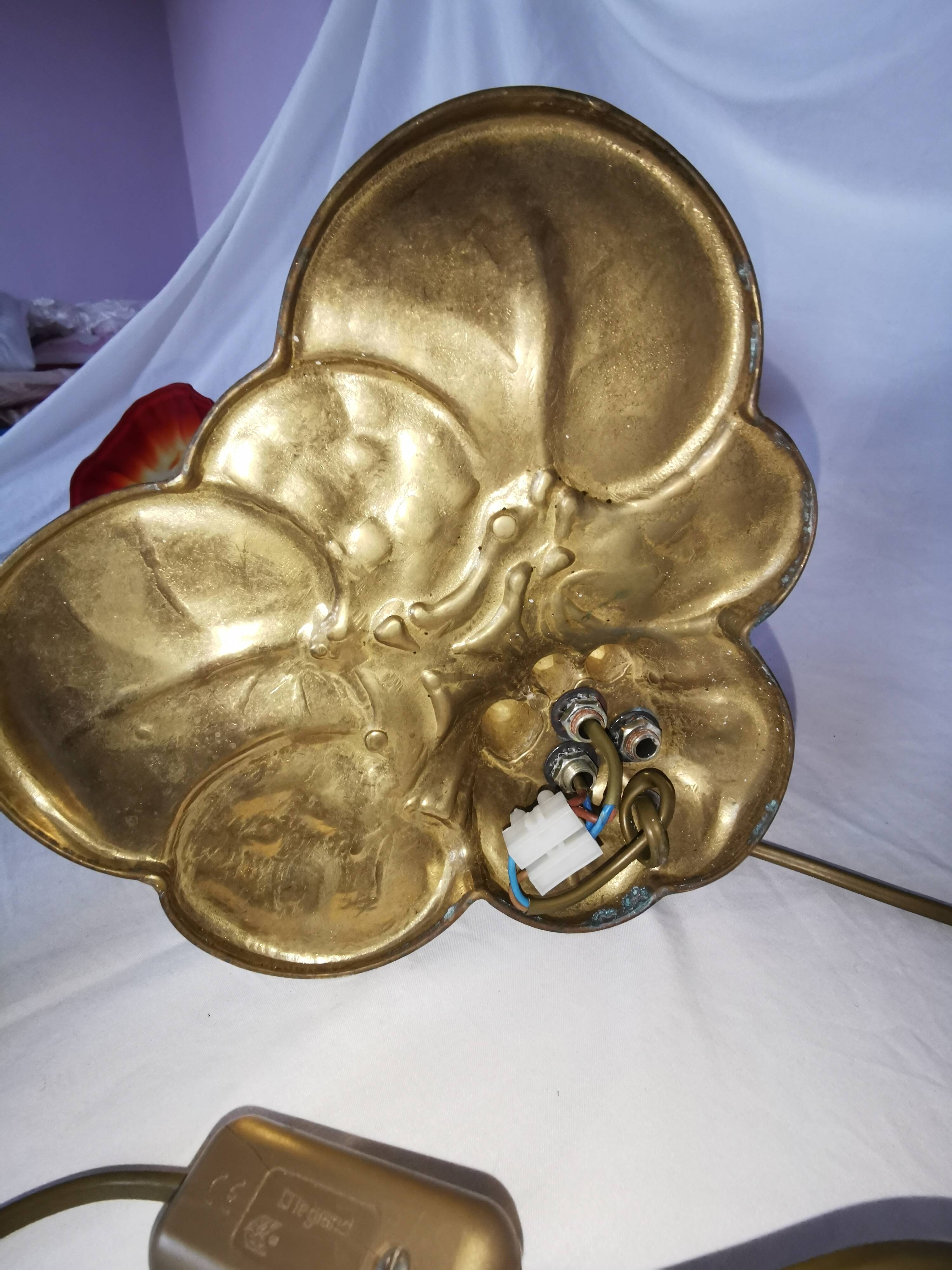 Brass water lily lamp and glass paste tulip, double, art nouveau style.