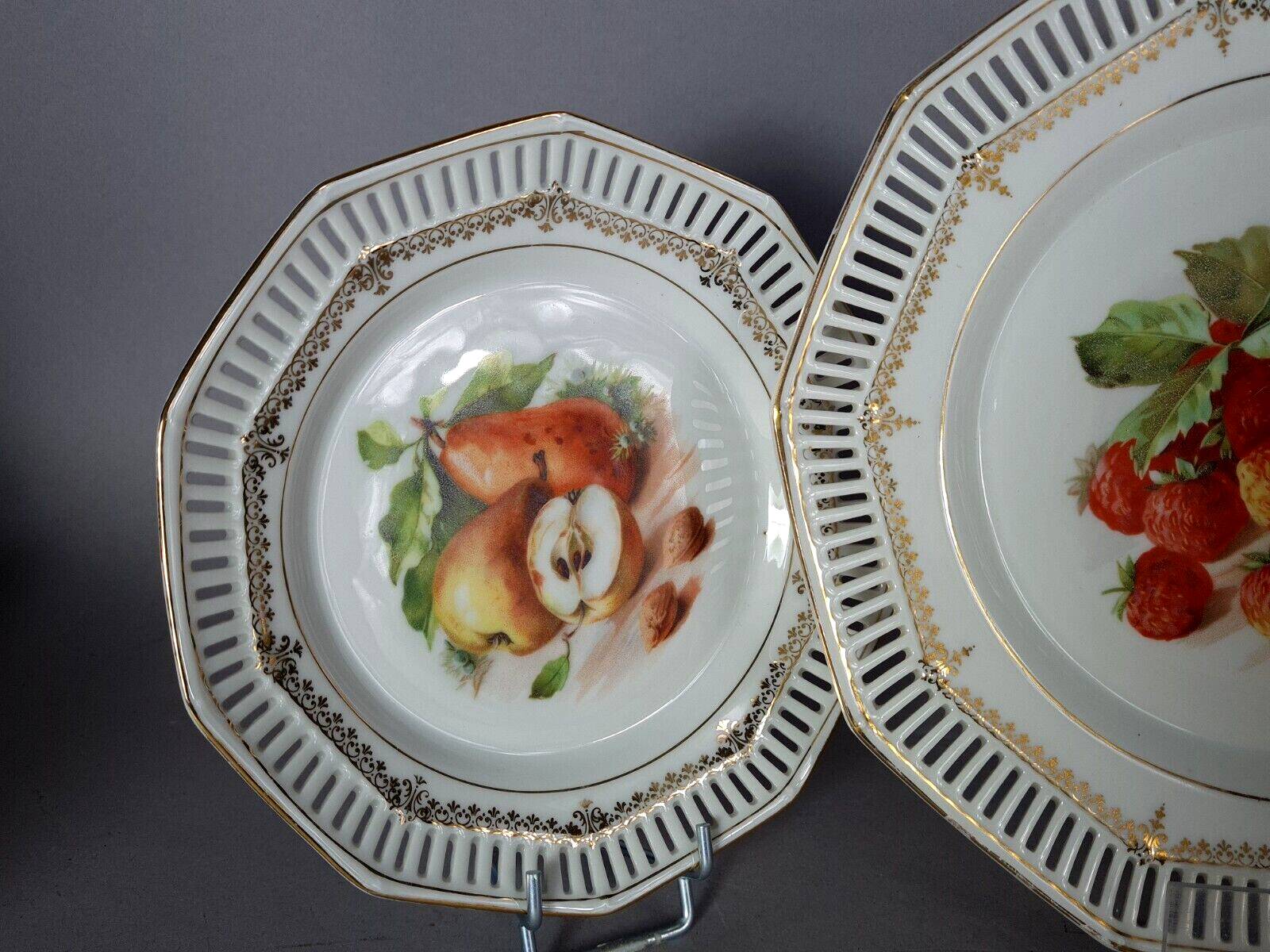 Set of 10 dessert plates & dish, openwork marli & fruits vintage 50s