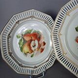 Set of 10 dessert plates & dish, openwork marli & fruits vintage 50s