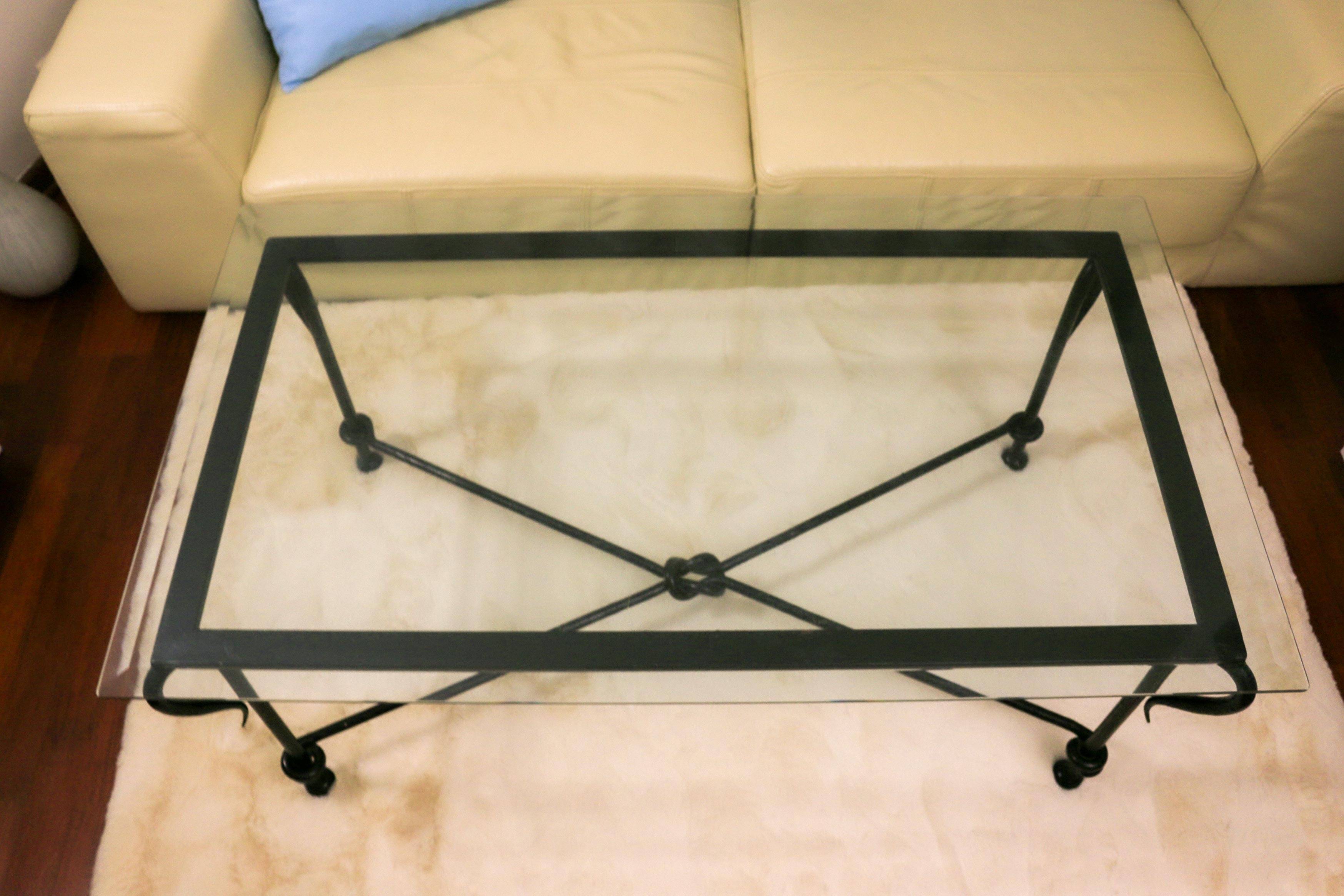 Table basse vintage – verre biseauté & fer forgé – 119×69×44 cm