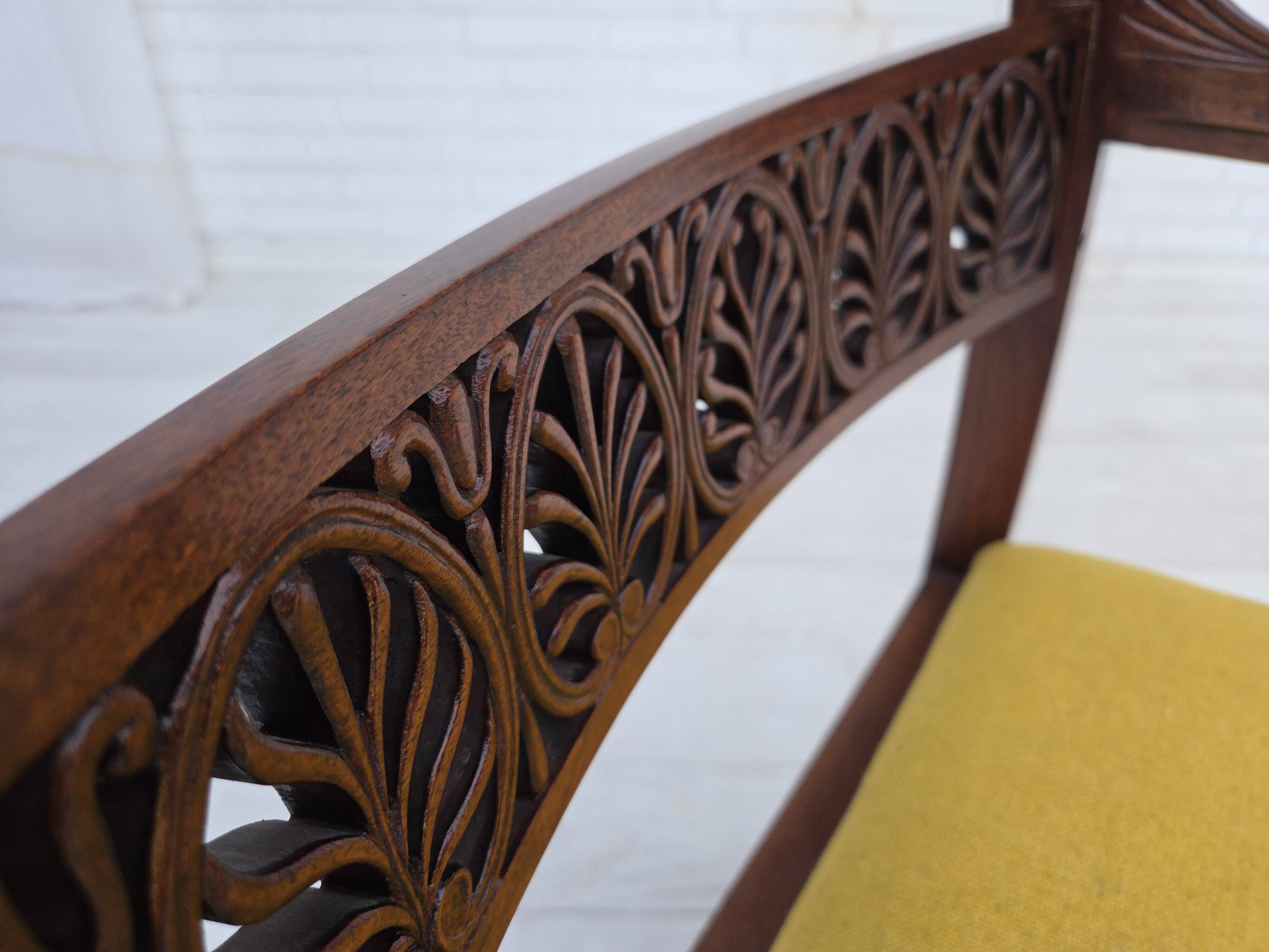 1920-30s, carved wood armchair, design after Georges Jacob, reupholstered.