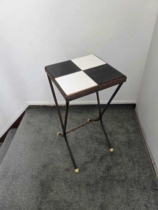 Vintage art deco table in wrought iron and black and white ceramic