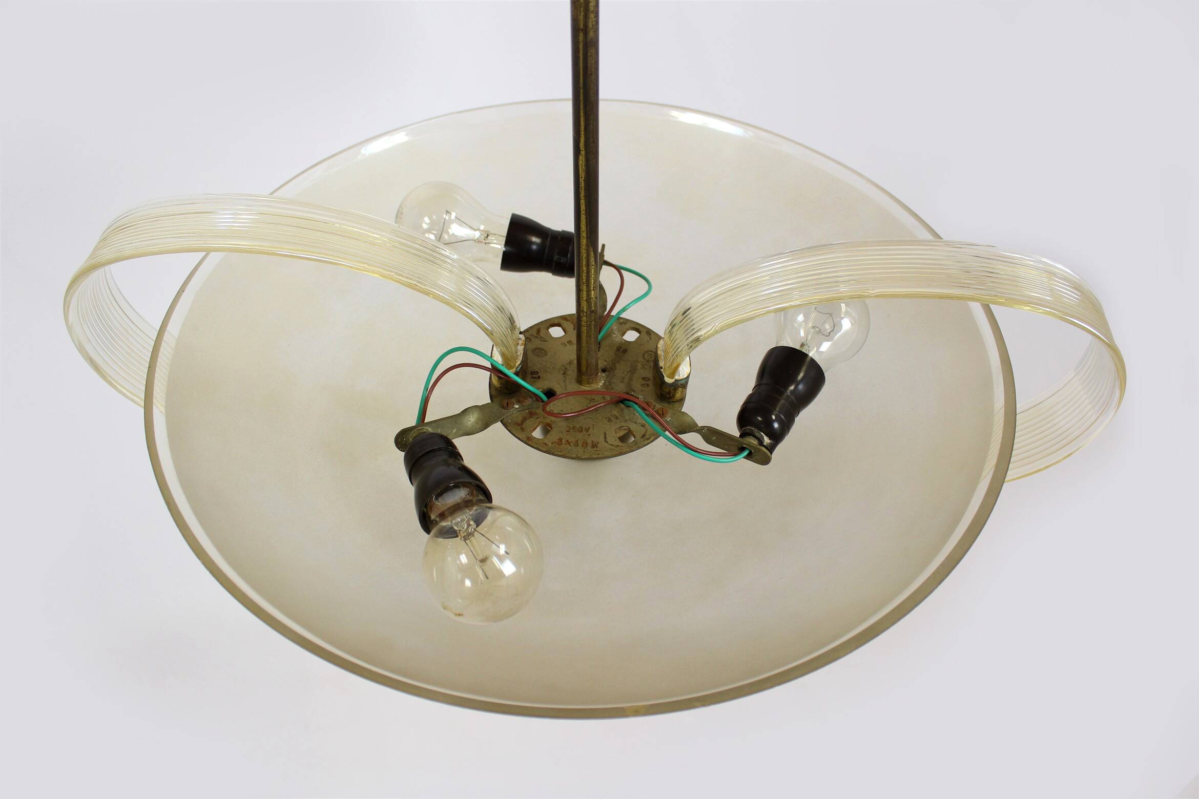 Brass and Curved Glass Ceiling Light from ESC Zukov, 1940s