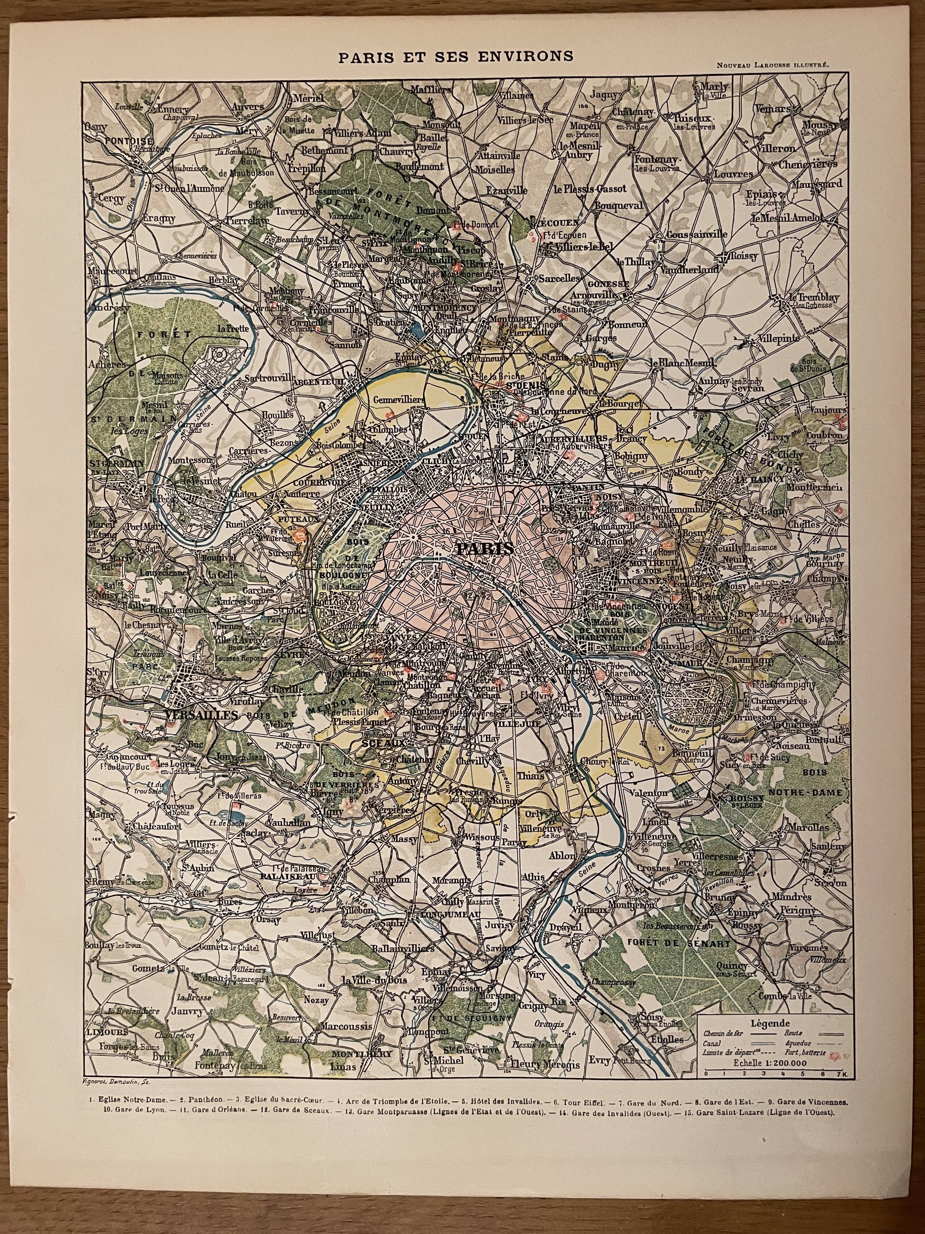 Lithograph engraving map of Paris and its suburbs of 1897